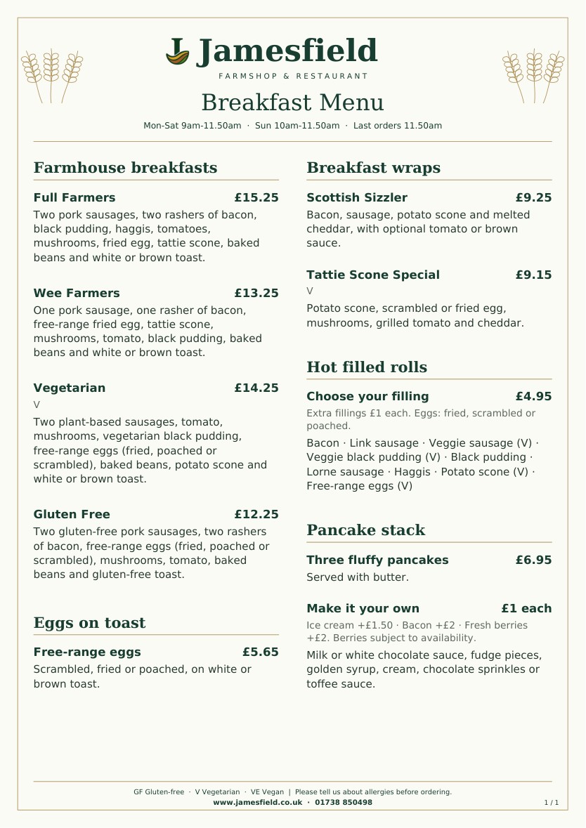 Print layout of the Jamesfield breakfast menu