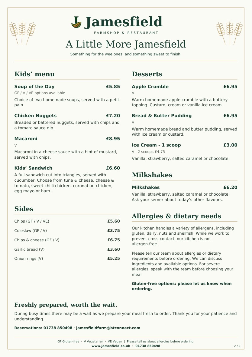 Lunch menu reverse: kids’ meals, sides, desserts, milkshakes and allergy information