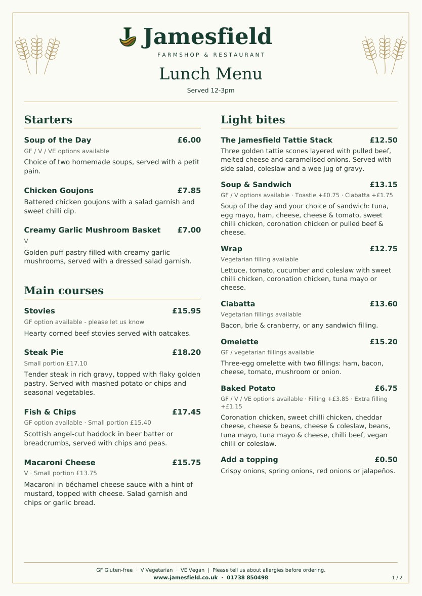 Lunch menu front: starters, mains and light bites