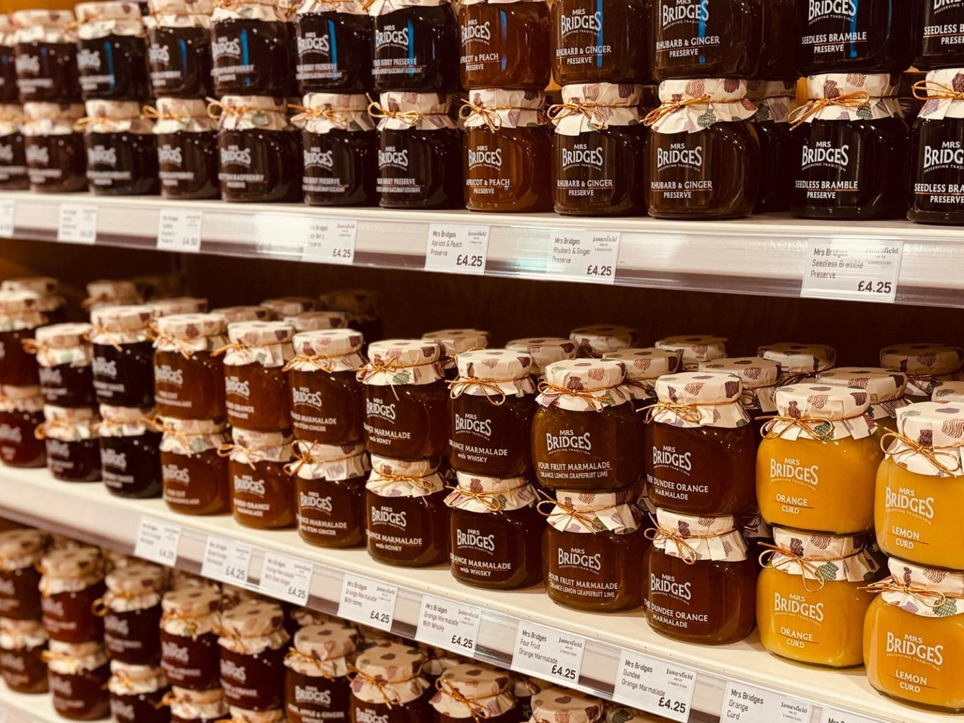 Mrs Bridges preserves, marmalades and curds on Jamesfield shelves
