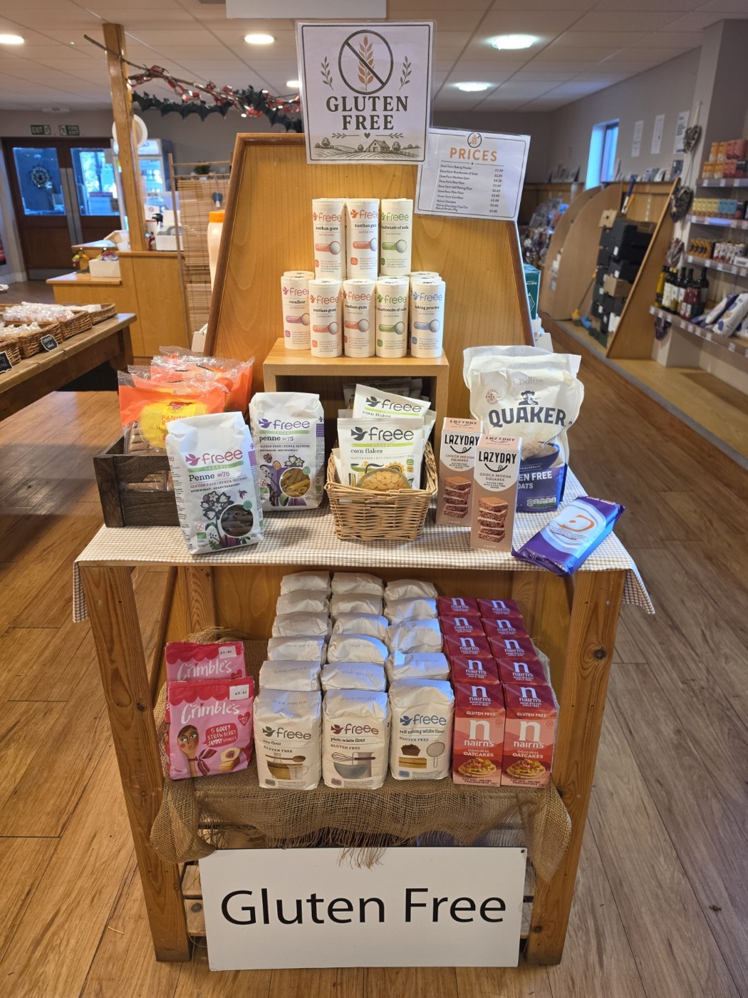 Gluten-free flours, pasta, oats and snacks on the Jamesfield farmshop display