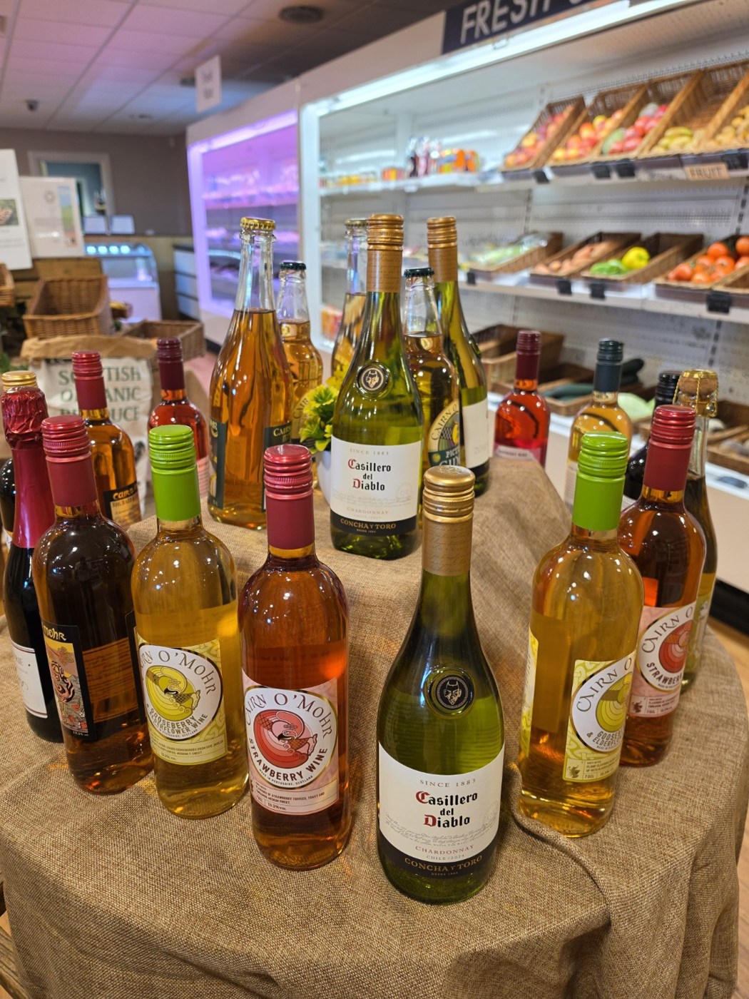 Wine bottles on display in the Jamesfield farmshop